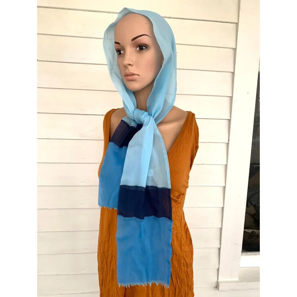 Vintage Vera Blue Sheer Vinal Silk Fringe Scarf